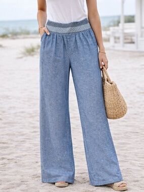 Indigo Rein Linen Blend Wide Leg Pants Blue Smocked Waist L Boho Casual
